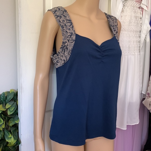 Piccadilly fashions navy blue brocade trim sweetheart tank top M - Picture 7 of 12